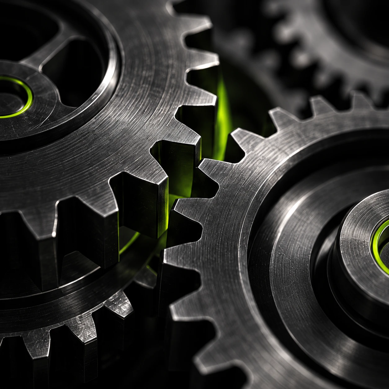 Interlocking steel gears with lime-green accents